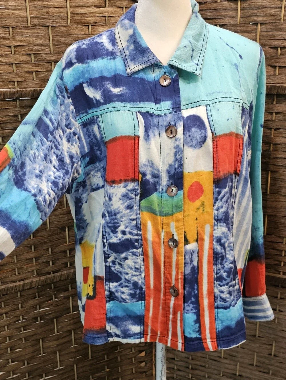 Parsley & Sage Turquoise Blue Multi-Color Abstract Button Jacket